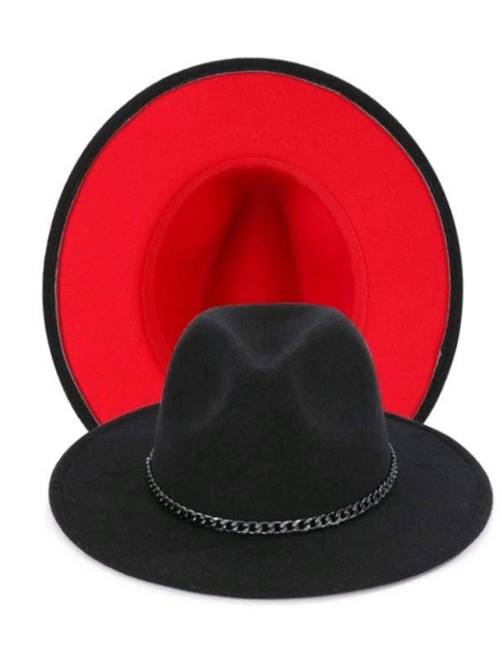 Black Fedora Hat with Red Underside and Chain Trim